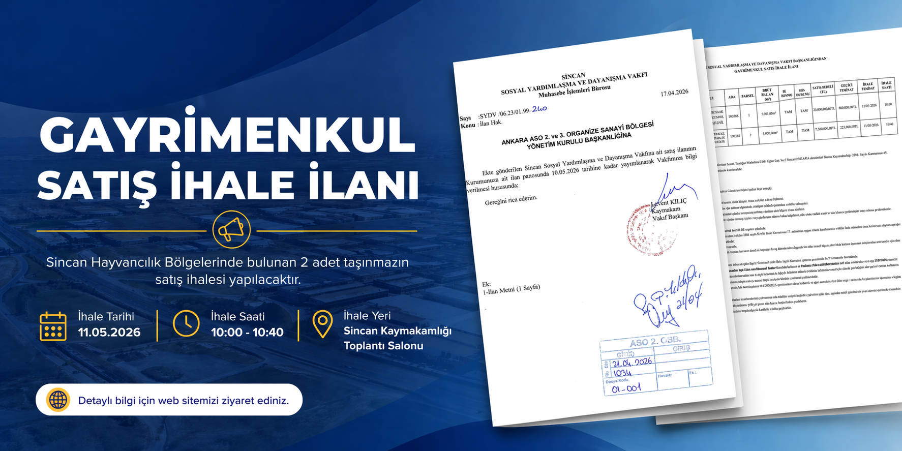 Sincan Sosyal Yardımlaşma ve Dayanışma Vakfına ait satış ilanı