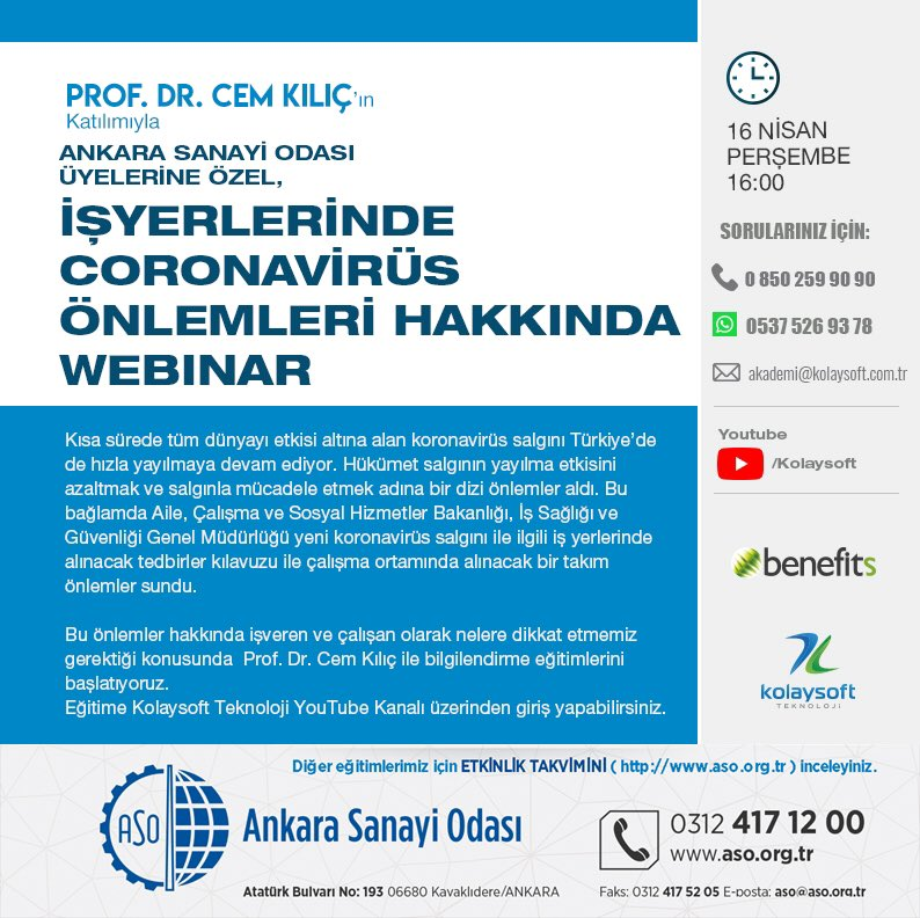 Ankara Sanayi Odası Üyelerine Özel, İş yerlerinde Coronavirüs Önlemleri Hakkında Webınar (İnternet Semineri)